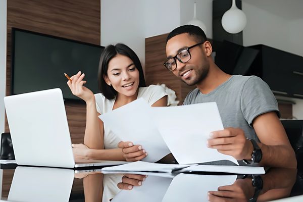 Couple reviewing documents together at a table with a laptop.